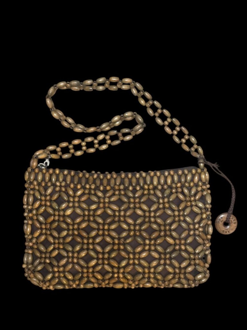 VTG The Sak Bora Bora Wooden Beaded Shoulder Bag Beige Brown Hobo Y2K Boho Beach - Picture 5 of 10